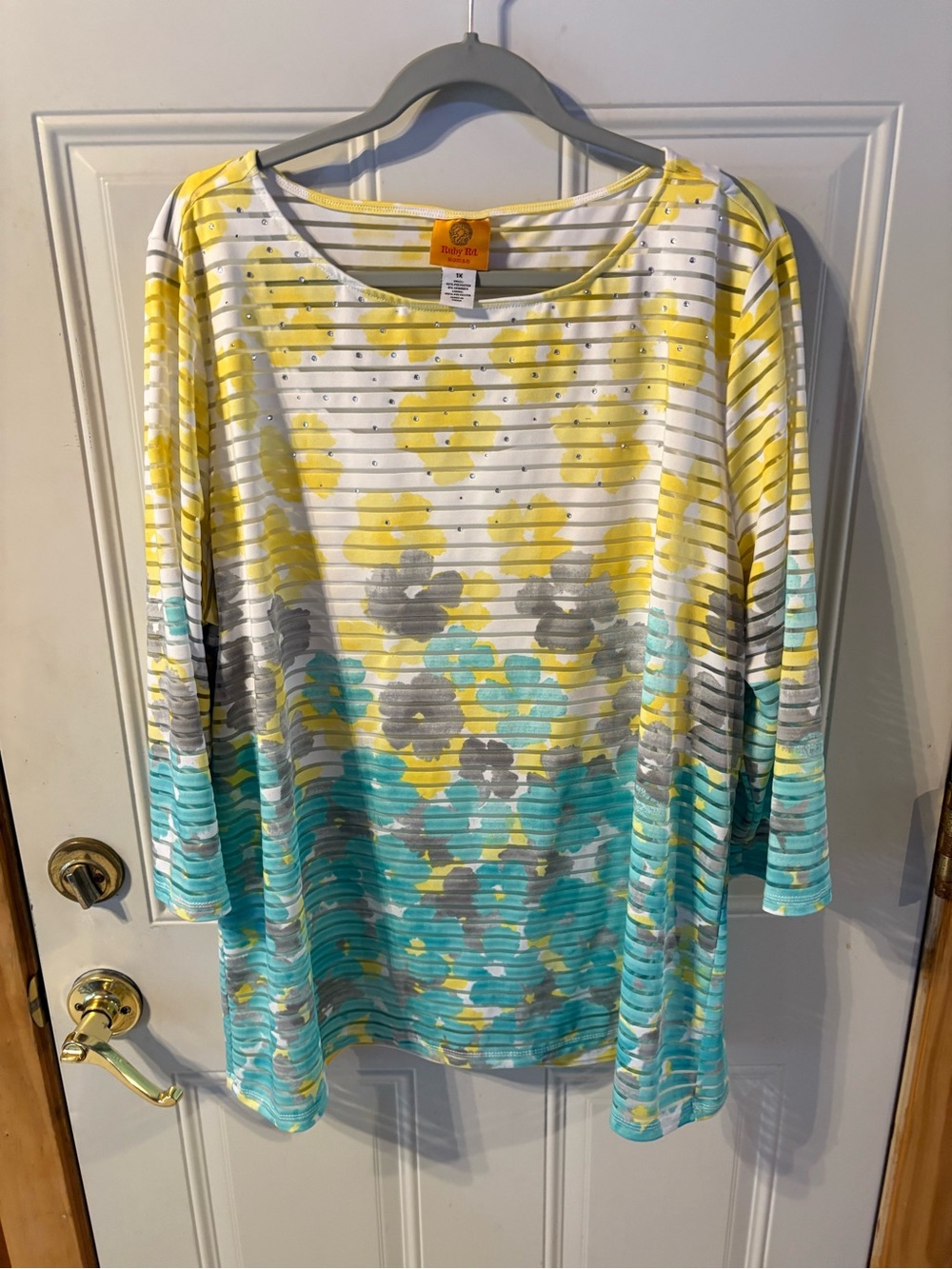 Ruby Rd. Yellow White Aqua Floral Striped Long Sleeve Top